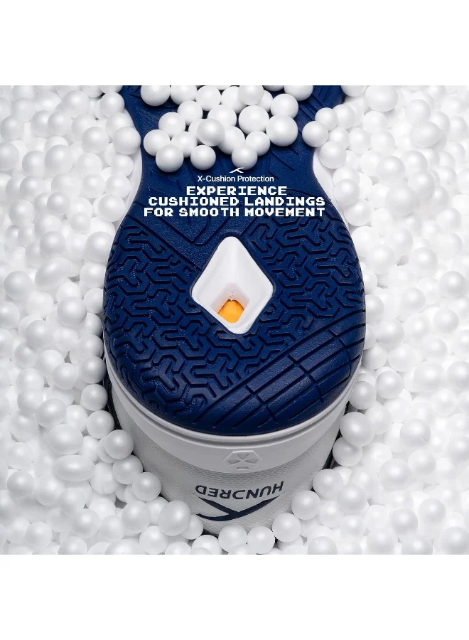 HUNDRED Raze Badminton Shoes (Non Marking) | Lightweight & Durable | X-Cushion, Active Grip Sole, Toe Assist (White/Navy, 1Uk)