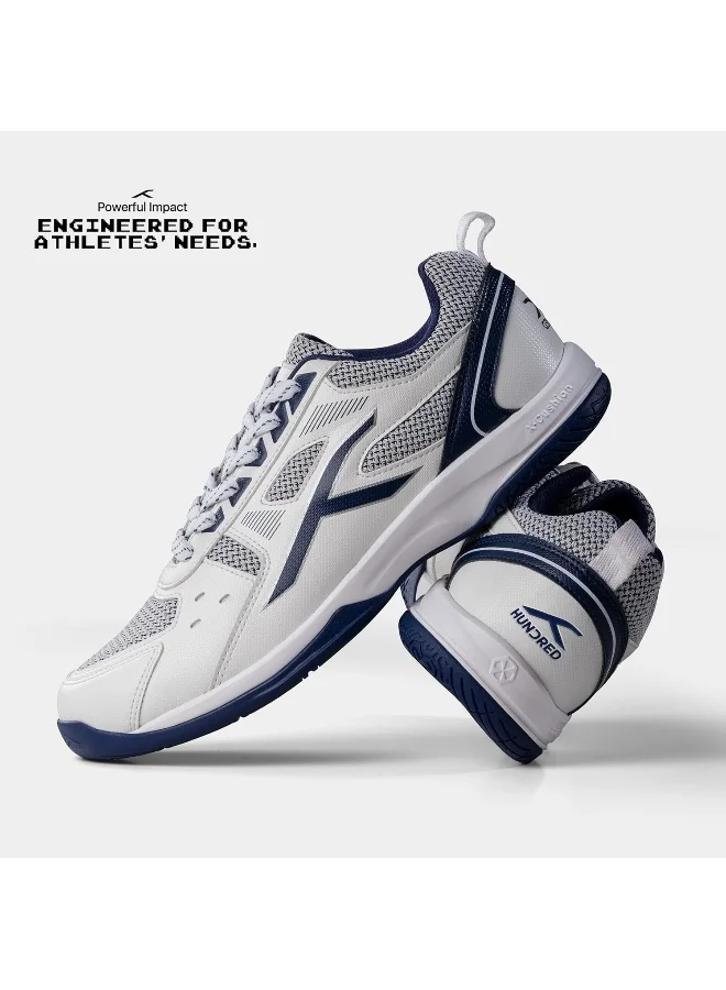 HUNDRED Raze Badminton Shoes (Non Marking) | Lightweight & Durable | X-Cushion, Active Grip Sole, Toe Assist (White/Navy, 1Uk)