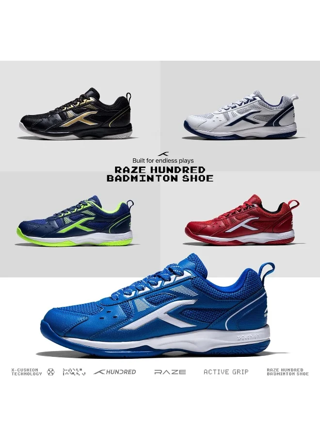 HUNDRED Raze Badminton Shoes (Non Marking) | Lightweight & Durable | X-Cushion, Active Grip Sole, Toe Assist (White/Navy, 1Uk)