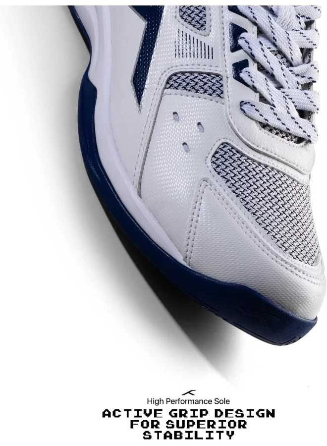 هندرد Raze Badminton Shoes (Non Marking) | Lightweight & Durable | X-Cushion, Active Grip Sole, Toe Assist (White/Navy, 1Uk)