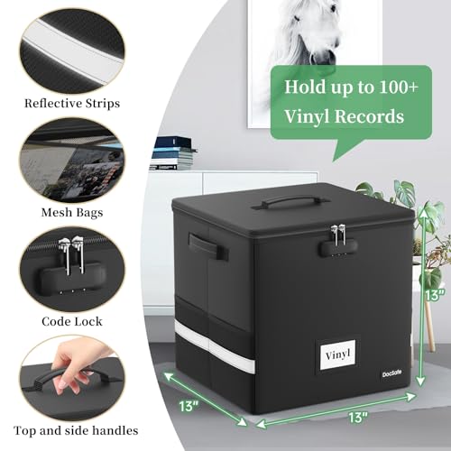 DocSafe Vinyl Record Storage Box with Lock,Fireproof＆Water Resistant Record Organizer Storage for 100+ Single Records(12-inch),Collapsible Storage Crate with Lid&Handles for Valuable Album Collection - Image 3