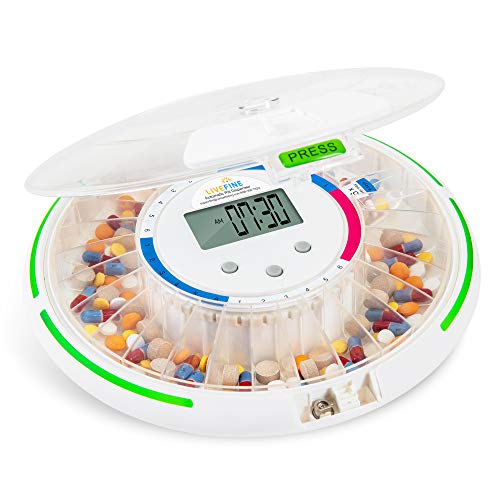 Live Fine Automatic Pill Dispenser with 28-Day Electronic Medication Organizer, 6 Dosage Templates, Easy-Read LCD Display, Sound & Light Alerts & Key for Prescriptions, Vitamins, Supplements & More - Image 1