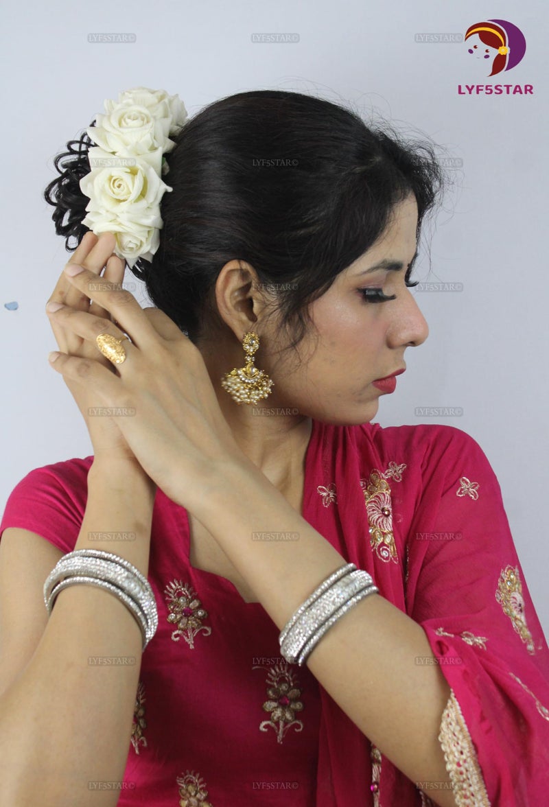 LYF5STAR Artificial Bridal White Rose Petal Flower Veni Gajra Hair Juda Accessories For Women | Suitable for Traditional Indian Wedding/Marriage/Engagements -Pack of 1 - Image 4
