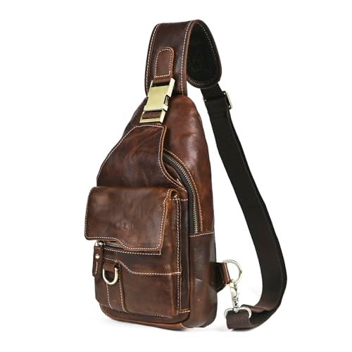 Handadsume Genuine Leather Hiking Travel DayPack Sling Crossbody Triangle Chest Pack Bag For Men Women 8241 8241 Dark Coffee - Image 1