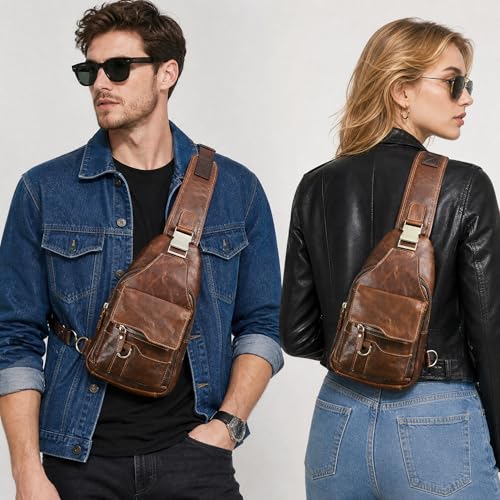 Handadsume Genuine Leather Hiking Travel DayPack Sling Crossbody Triangle Chest Pack Bag For Men Women 8241 8241 Dark Coffee - Image 3