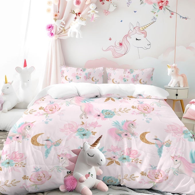 UNICORN COMFORTER SET FULL SOFT CUTE PINK UNICORN BEDDING SET WITH FLOWERS LEAVES AND BLUE BIRDS PRINT PATTERN 3 PIECE UNICORN BED SET FOR TEEN WOMEN ALDULTS FULL GOLD MOON