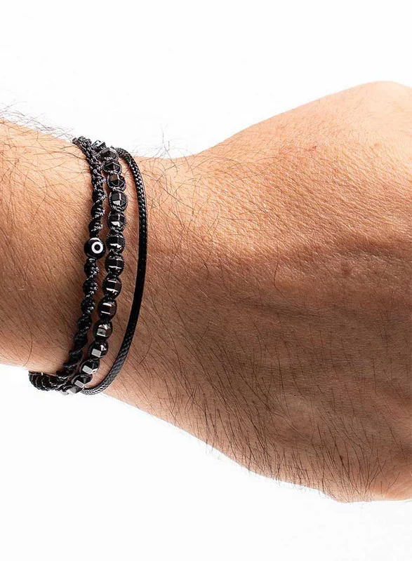 CHRYSOSTOMOS Handmade Adjustable Beaded Multi-Line Bracelet with Polygonal Hematite, Macrame Binding, Black Cord, DNA-Shaped Braid and Black Glass Evil Eye