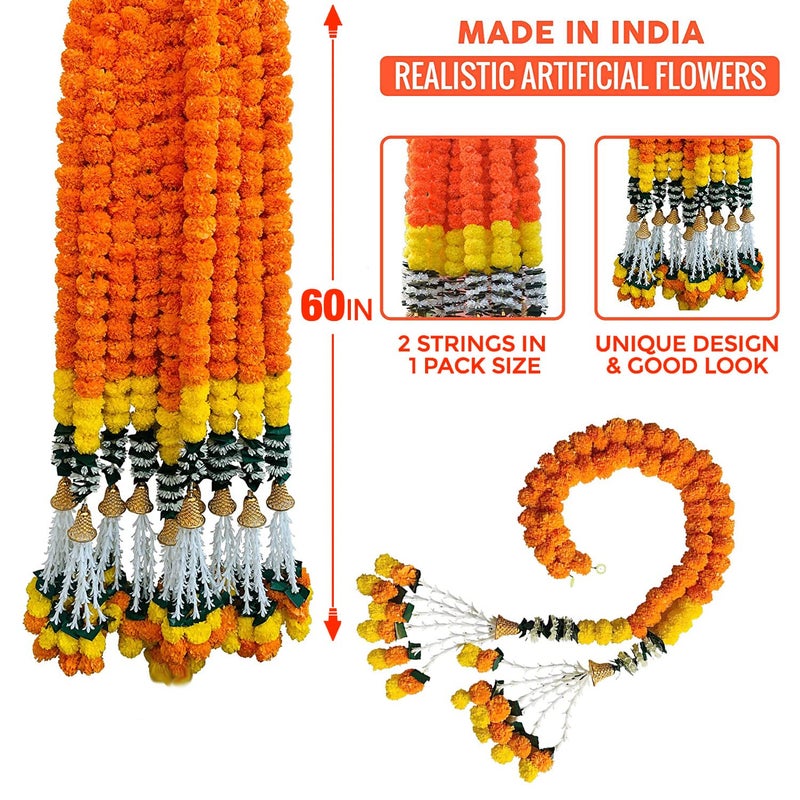 S2S إكليل ماريغولد للتزيين زهور ماريغولد الاصطناعية تزيين الديكور الهندي للبويا، الزفاف، الفعاليات، ديوالي، الديكور (برتقالي) (عبوة من 2 قطعة) (الارتفاع - 72 بوصة) - Image 2