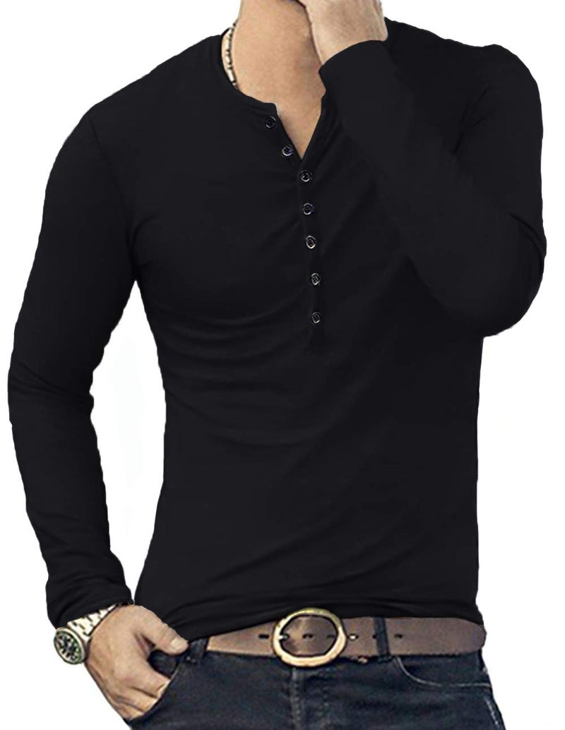 YTD Mens Casual Slim Fit Basic Henley Long Sleeve Fashion T-Shirt M Black - Image 4