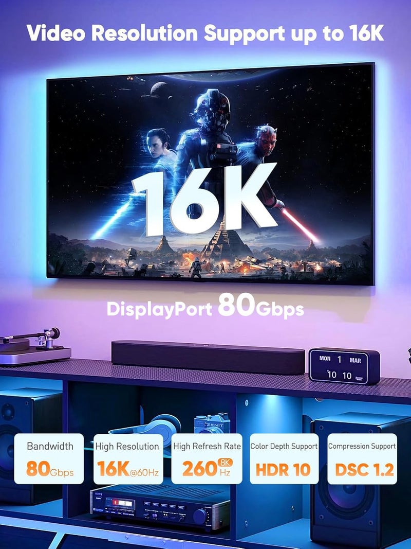 CableCreation VESA Certified DisplayPort 2.1/80Gbps Cable 1.2m/4ft, DP 2.1 Cable Support 16K@60Hz 8K@240Hz 4K@240Hz,PVC Display Port Cable Cord Compatible FreeSync G-Sync and HDR for Gaming Monitor - Image 5