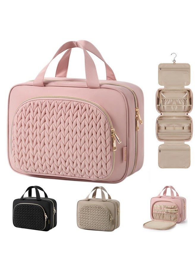 BAGSMART Travel Toiletry Bag With Jewelry Organizer, Hanging Travel Bag For Toiletries, Makeup Cosmetic Bag Organizer, Carry-On Travel Accessories Essentials, Pink-L  - Image 1