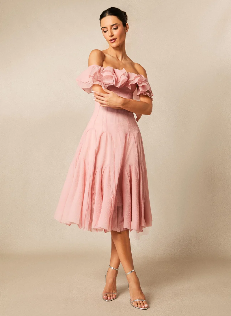 Sunfere Vita Off Shoulder Ruffle Midi Dress