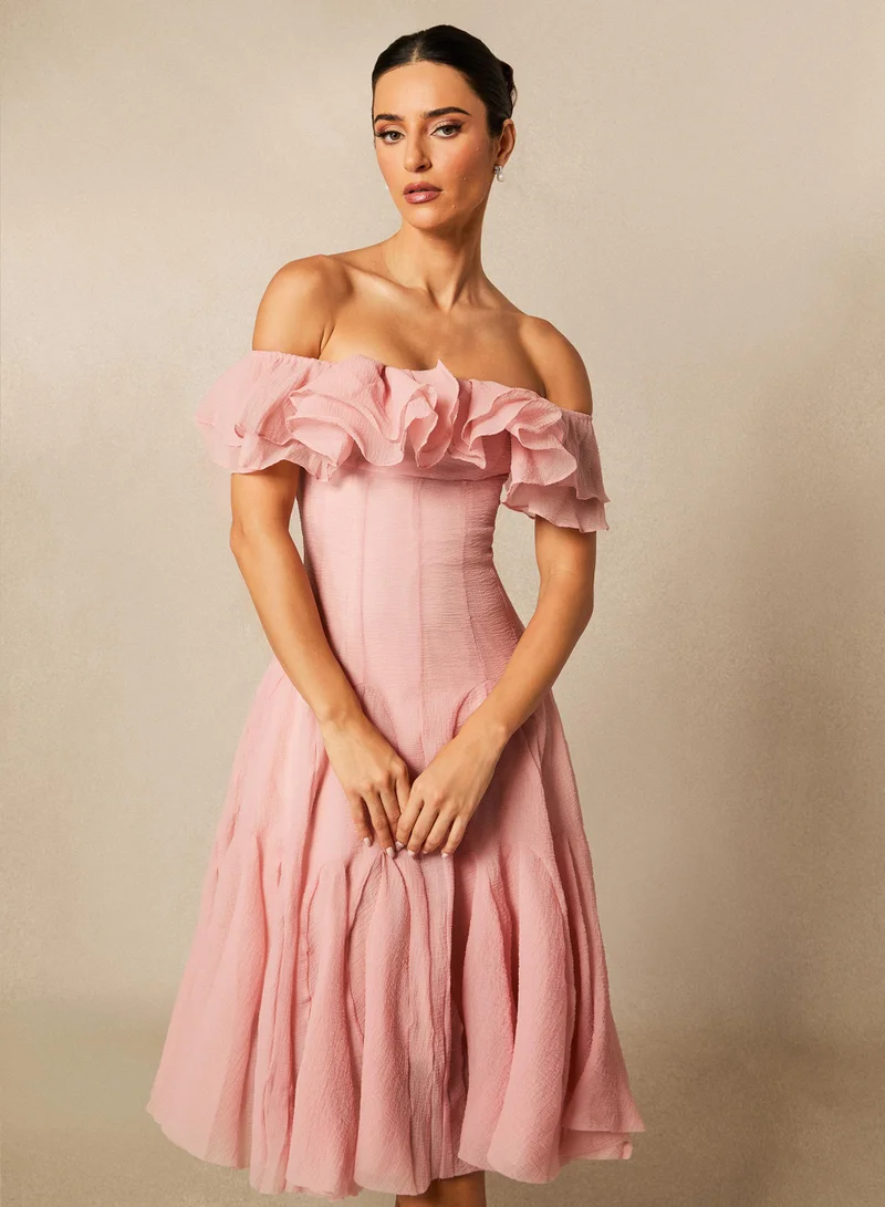 Sunfere  Vita Off Shoulder Ruffle Midi Dress for Women | Best Price UAE