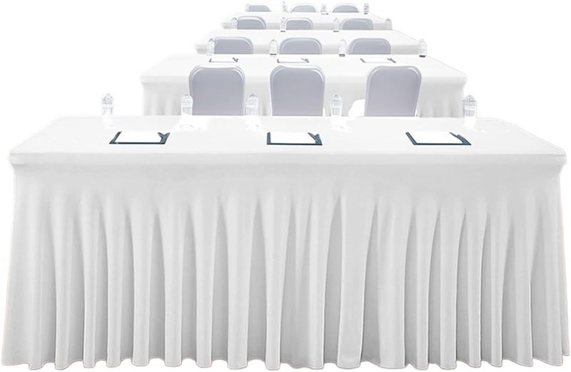 Table Skirt Rectangular Polyester Elastic Tablecloth Cover Wavy Table Skirt Wedding Banquet Birthday Party Table Decor(White,8FT(243x76x76cm)) - Image 1