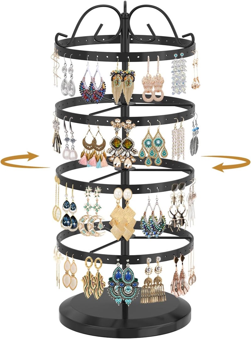MODOWEY 4 Tiers Metal Rotating Earring Holder Organizer Stand Adjustable Display Tree, 176 Holes Large Carousel Rack for Stud Hoop Pierced Dangling Women, Idear View for All Earrings, Black - Image 1