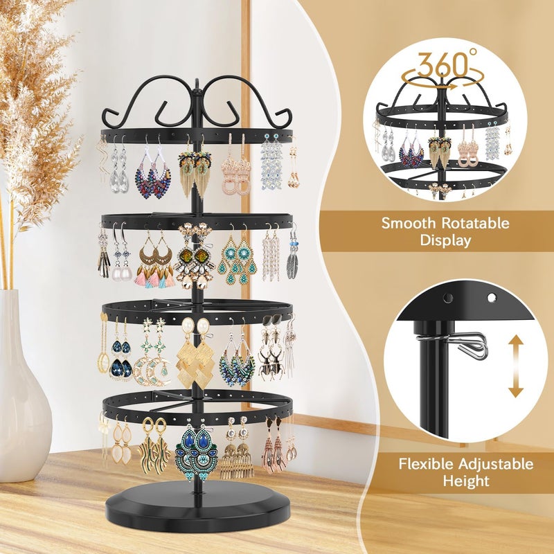 MODOWEY 4 Tiers Metal Rotating Earring Holder Organizer Stand Adjustable Display Tree, 176 Holes Large Carousel Rack for Stud Hoop Pierced Dangling Women, Idear View for All Earrings, Black - Image 2