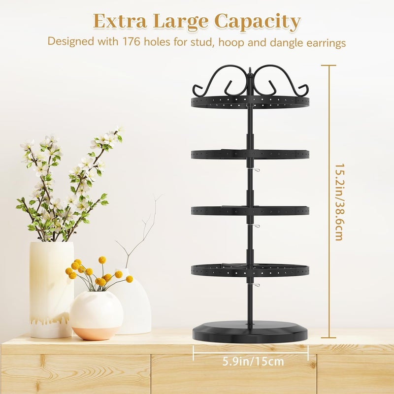 MODOWEY 4 Tiers Metal Rotating Earring Holder Organizer Stand Adjustable Display Tree, 176 Holes Large Carousel Rack for Stud Hoop Pierced Dangling Women, Idear View for All Earrings, Black - Image 3