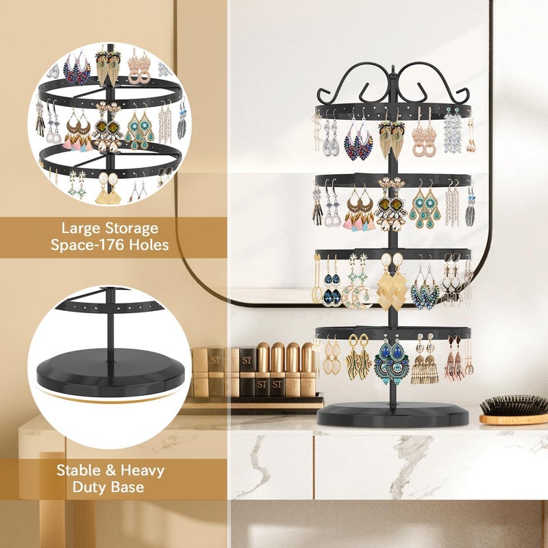 MODOWEY 4 Tiers Metal Rotating Earring Holder Organizer Stand Adjustable Display Tree, 176 Holes Large Carousel Rack for Stud Hoop Pierced Dangling Women, Idear View for All Earrings, Black - Image 4