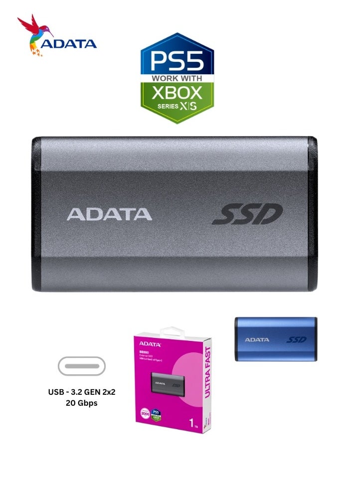 أداتا - SSD خارجي SE880 سعة 1 تيرابايت | محرك أقراص الحالة الصلبة المحمول فائق السرعة متوافق مع PS5 XBOX | فضي - Image 1