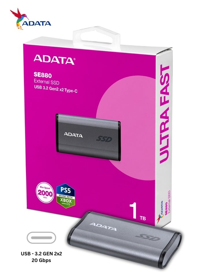 أداتا - SSD خارجي SE880 سعة 1 تيرابايت | محرك أقراص الحالة الصلبة المحمول فائق السرعة متوافق مع PS5 XBOX | فضي - Image 1