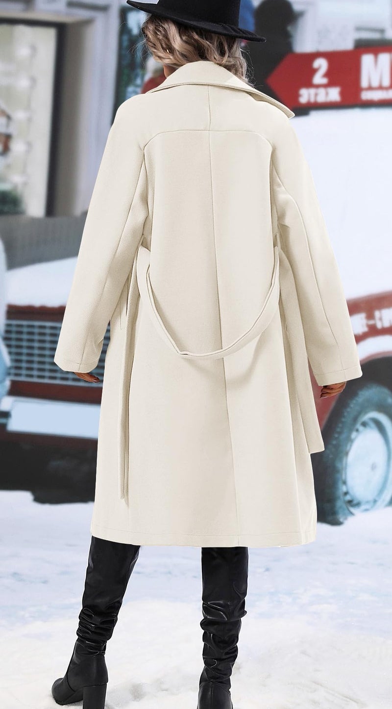 SAUKOLE Womenâ€™s Elegant Wool Coat Casual Fall Dressy Overcoat Work Jacket Outwear with Pockets and Belt Beige - Image 5