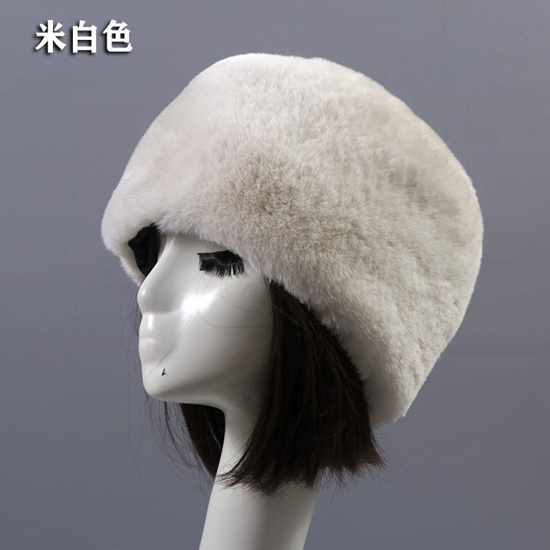 Autumn Winter Faux Rabbit Fur Hat for Adults Creamy-white short wool flat top hat
