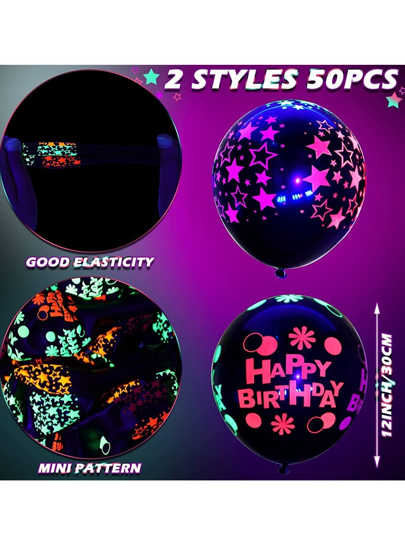Neon Glow Balloons Blacklight Reactive Fluorescent Mini Star Balloons and Happy Birthday Blacklight Balloons UV Blacklight Latex Balloons for Birthday Wedding Arch Party 60 Pieces 12 Inch - Image 3