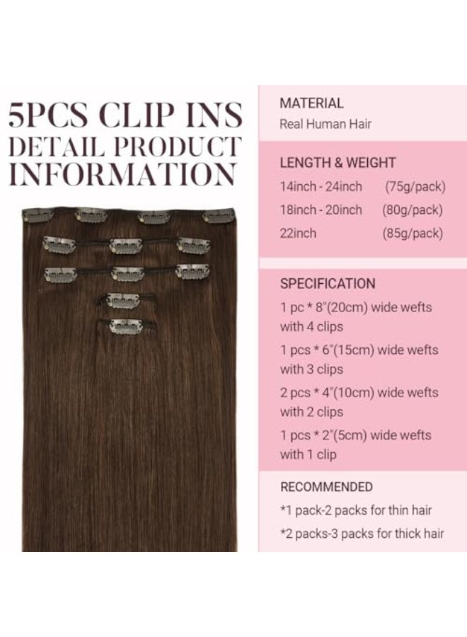 MAXITA Human Hair Clip in Extensions Chocolate Brown 16 Inch 5pcs 75g Remy Clip in Hair Extensions Real Human Hair Extensions Natural Straight Hair Extensions for Woman - Image 3