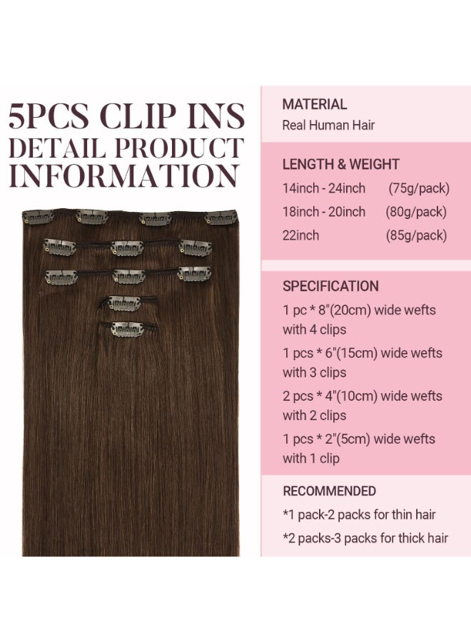 MAXITA Human Hair Clip in Extensions Chocolate Brown 16 Inch 5pcs 75g Remy Clip in Hair Extensions Real Human Hair Extensions Natural Straight Hair Extensions for Woman - Image 4