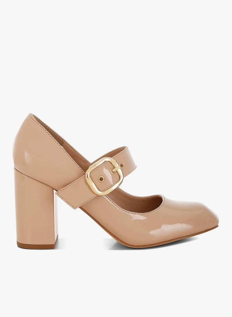Block Heel Mary Jane Sandals in Beige