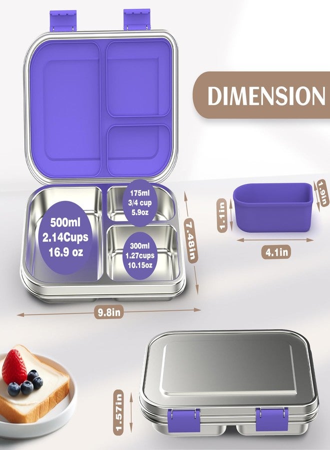 BABHAMNESS Stainless Steel Bento Box Kids, 3 Compartments Leak Proof Metal Bento Lunch Box, 304 Stainless Steel Bento Lunch Containers for School and Office,Dishwasher Safe, BPA-Free-Purple - Image 5