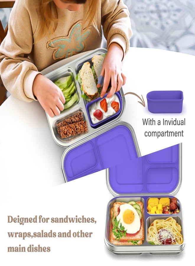 BABHAMNESS Stainless Steel Bento Box Kids, 3 Compartments Leak Proof Metal Bento Lunch Box, 304 Stainless Steel Bento Lunch Containers for School and Office,Dishwasher Safe, BPA-Free-Purple - Image 2