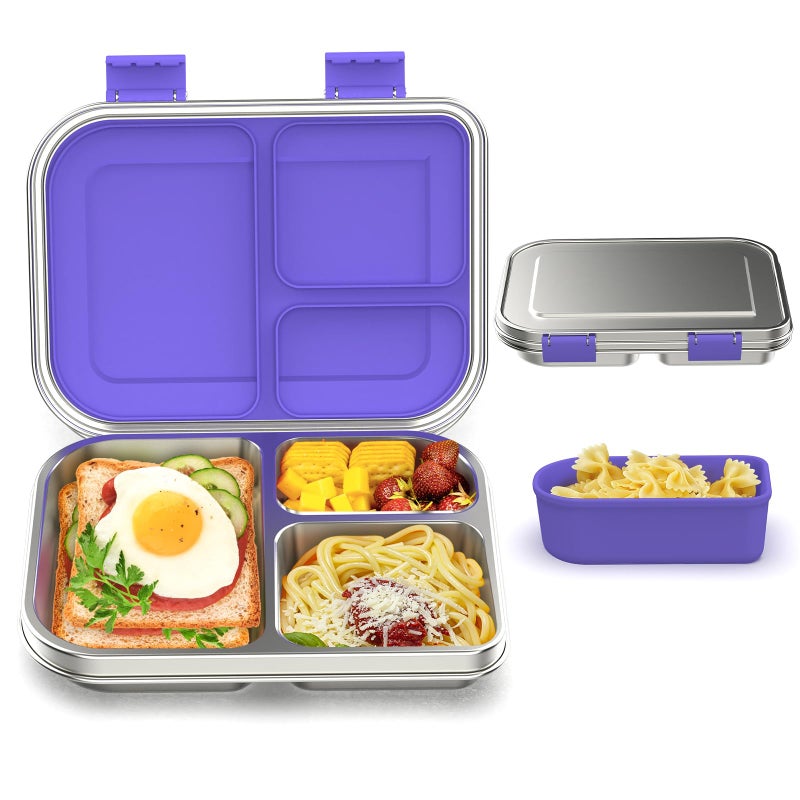 BABHAMNESS Stainless Steel Bento Box Kids, 3 Compartments Leak Proof Metal Bento Lunch Box, 304 Stainless Steel Bento Lunch Containers for School and Office,Dishwasher Safe, BPA-Free-Purple - Image 1