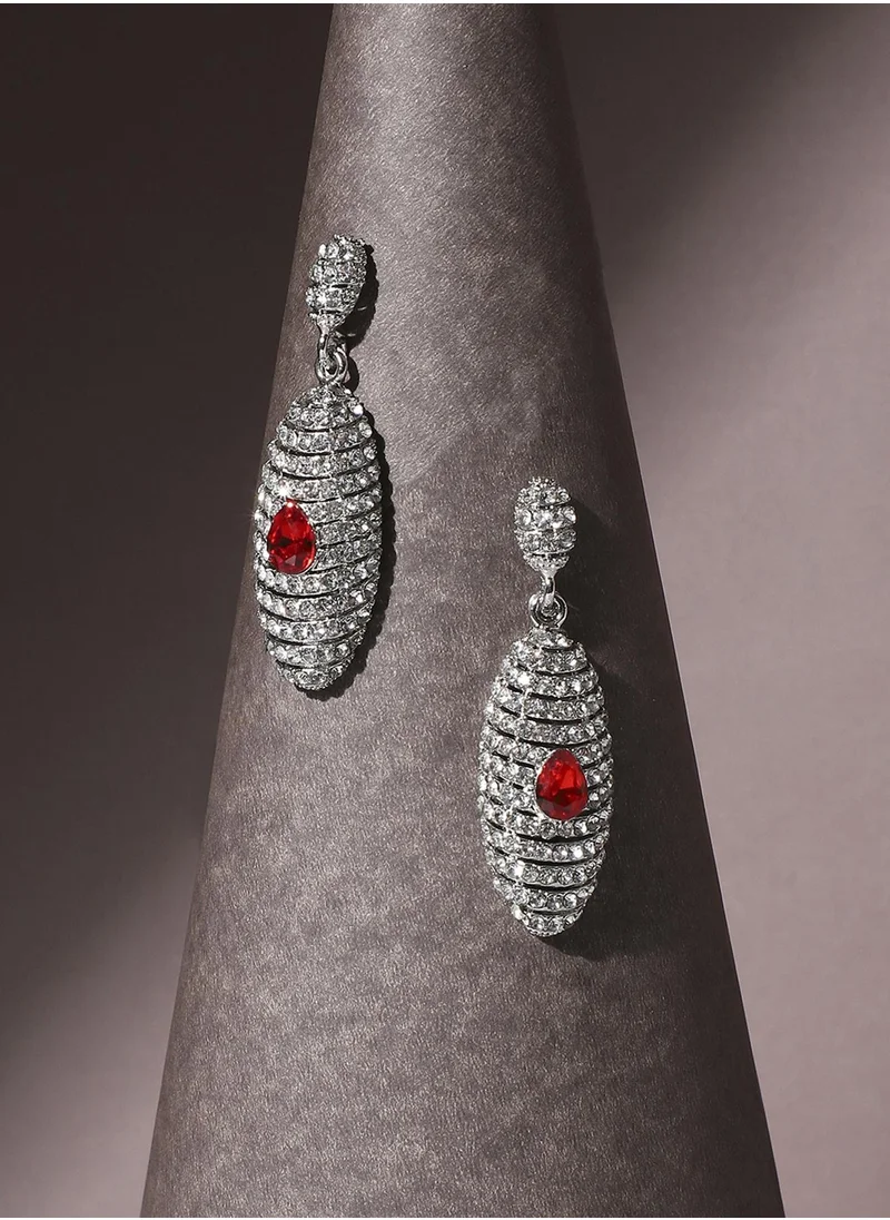 SOHI Rhinestone Oval Drop Earrings - Red