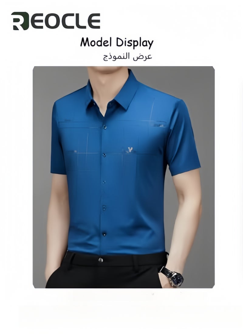 REOCLE - Men's Dress Shirts Wrinkle Free Regular Fit Stretch Rayon Button Down Shirt Short Sleeve Dress Cotton Dress Shirts Short Sleeve Stand Collar Shirt - Image 1