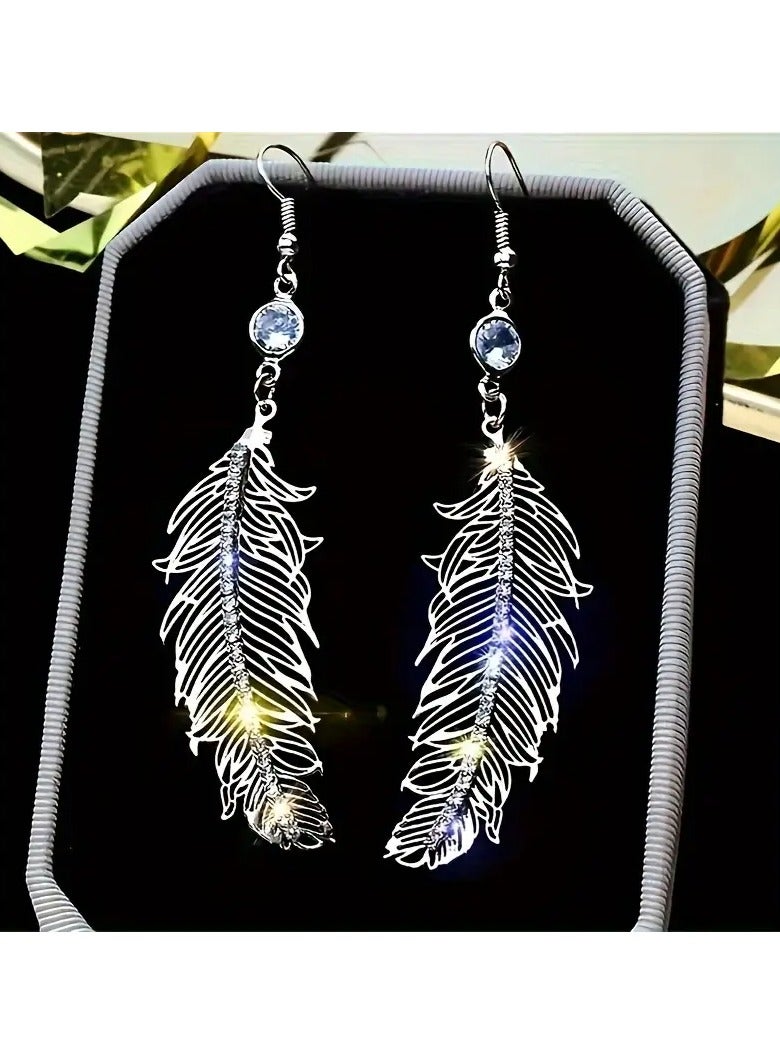 Goolsky Elegant Long Feather Earrings With Crystal Pendants, Ladies' Wedding Engagement Earrings, Birthday And Valentine's Day Gifts For Friends - Image 1