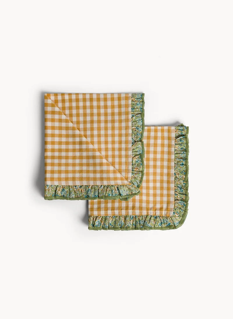 Coincasa Coincasa-Set Of 2 Pure Cotton Gingham Napkins With Floral Ruffle-45X45CM-Yellow