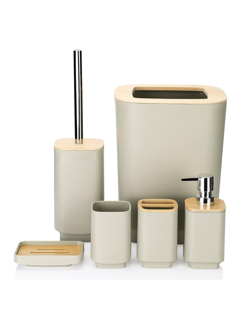 6 Piece Bathroom Accessories Set Beige Bamboo  - Image 1