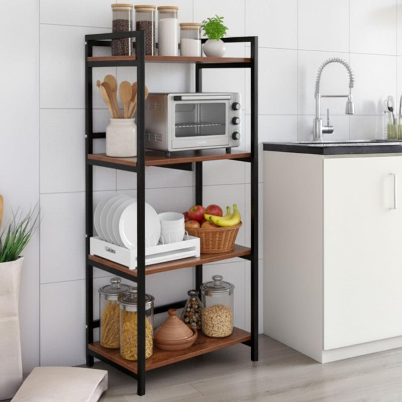 DIVYA حامل ميكروويف 4 طبقات، حامل OTG، منصة فرن ميكروويف، رف تخزين مطبخ (بني الجوز وأنبوب أسود، فولاذ سبائكي؛ خشب مصنّع، رف متعدد الطبقات) - Image 1