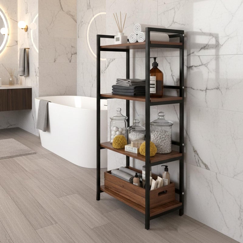 DIVYA حامل ميكروويف 4 طبقات، حامل OTG، منصة فرن ميكروويف، رف تخزين مطبخ (بني الجوز وأنبوب أسود، فولاذ سبائكي؛ خشب مصنّع، رف متعدد الطبقات) - Image 4