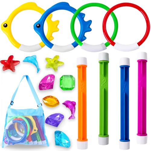 YUJUN 18PCS Pool Diving Swimming Toys Summer Underwater Game Toys with Pool Fishes Dive Sticks Rings Gems Storage Bag for Kids Swim Birthday Party Favors - Image 1