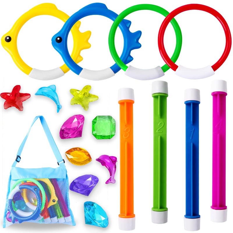 YUJUN 18PCS Pool Diving Swimming Toys Summer Underwater Game Toys with Pool Fishes Dive Sticks Rings Gems Storage Bag for Kids Swim Birthday Party Favors - Image 2