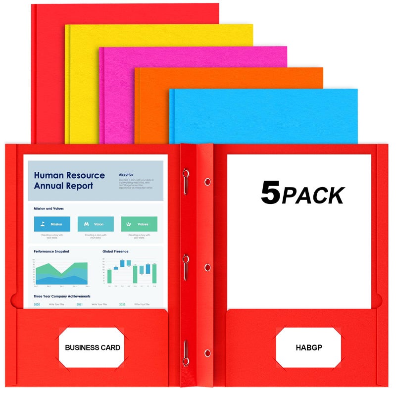 HABGP Two Pocket Folder with Prongs, 5 Color Paper Folders with Pockets and Business Card Holder, Folders with Pocket Fit Letter Size, Organizing Papers in School, Office & Business - Image 1