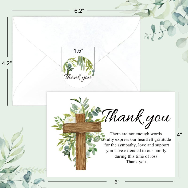 AnyDesign 48Pcs Funeral Thank You Cards Sympathy Thank You Card with Stickers Envelopes Watercolor Greenery Cross Bereavement Card with Message for Memorial Service Loved Ones Celebration of Life - Image 2