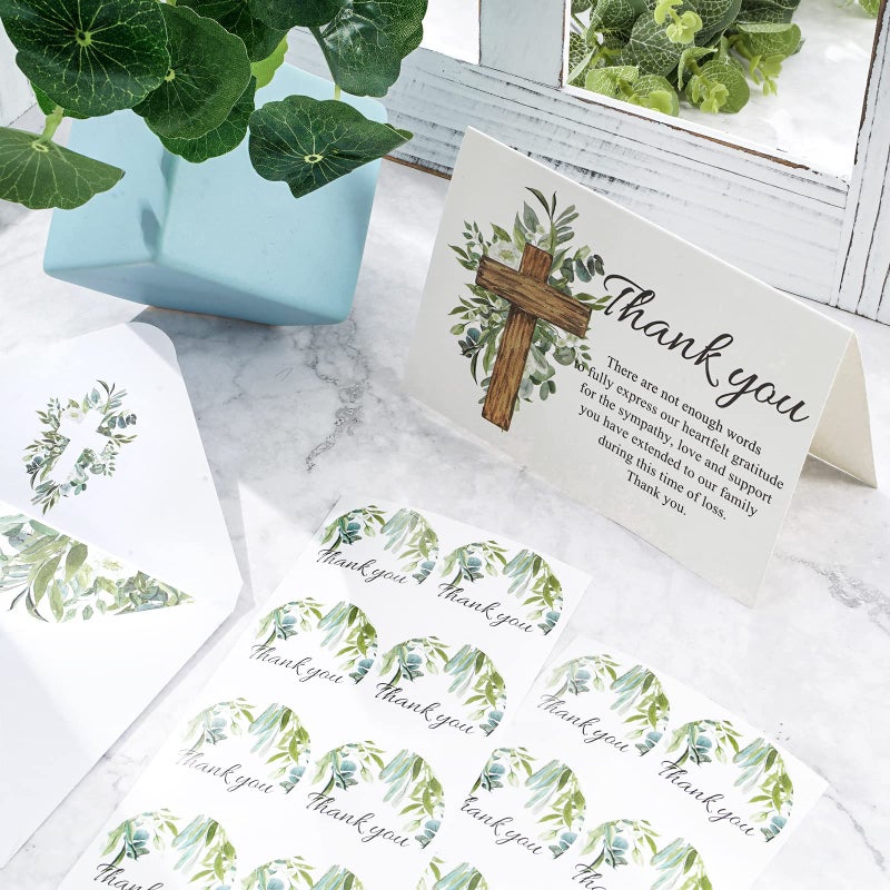 AnyDesign 48Pcs Funeral Thank You Cards Sympathy Thank You Card with Stickers Envelopes Watercolor Greenery Cross Bereavement Card with Message for Memorial Service Loved Ones Celebration of Life - Image 4