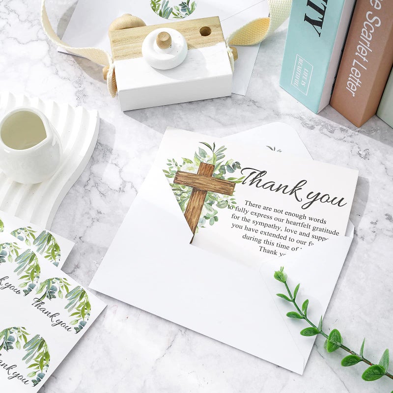 AnyDesign 48Pcs Funeral Thank You Cards Sympathy Thank You Card with Stickers Envelopes Watercolor Greenery Cross Bereavement Card with Message for Memorial Service Loved Ones Celebration of Life - Image 5