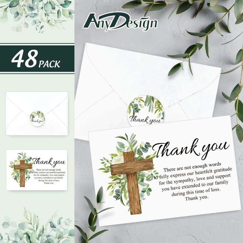 AnyDesign 48Pcs Funeral Thank You Cards Sympathy Thank You Card with Stickers Envelopes Watercolor Greenery Cross Bereavement Card with Message for Memorial Service Loved Ones Celebration of Life - Image 3