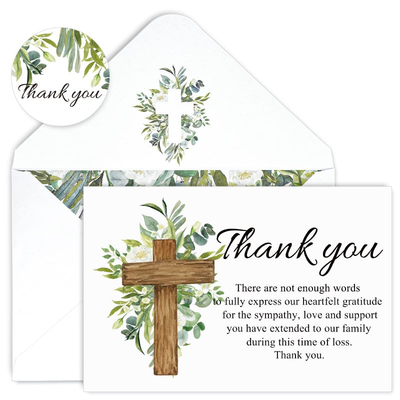 AnyDesign 48Pcs Funeral Thank You Cards Sympathy Thank You Card with Stickers Envelopes Watercolor Greenery Cross Bereavement Card with Message for Memorial Service Loved Ones Celebration of Life - Image 1