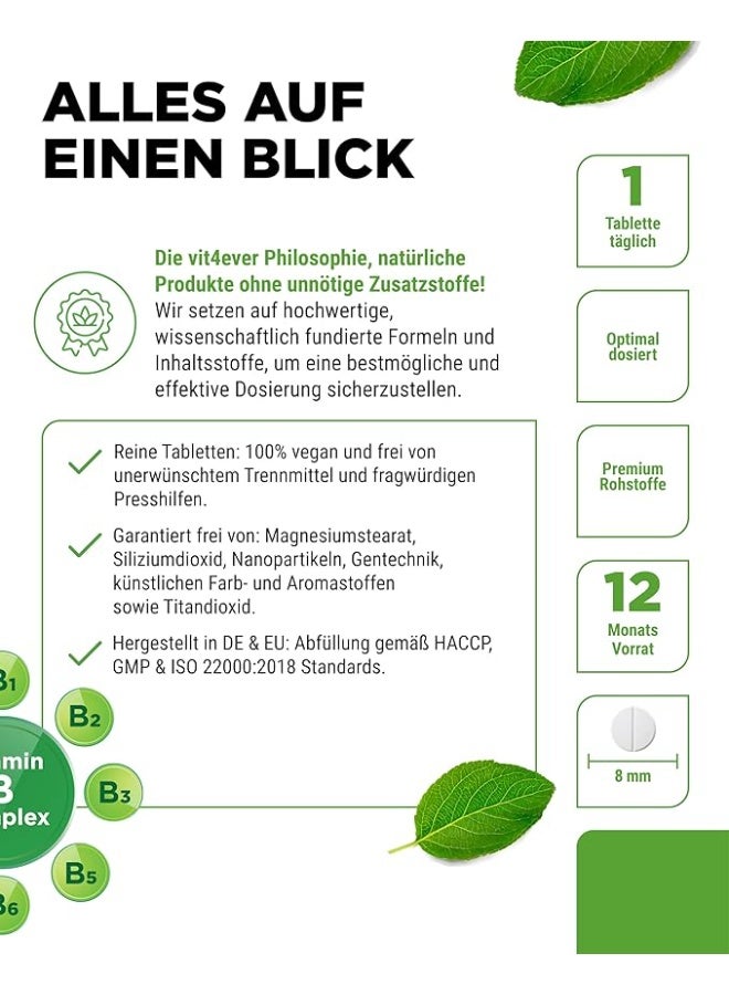 Vit4ever Vitamin B Complex, All 8 B Vitamins Including B1, B2, B3, B5, B6, B12, Biotin and Folic Acid, Supports Energy Metabolism and Nervous System Health, Vegan Formula, Made in Germany, 365 Tablets (12 Month Supply) - Image 4