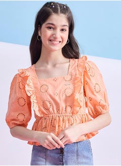 Stylo Bug Schiffli Square Neck Ruffled Peplum Top by Styli  - Image 1